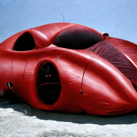 Abstract, futuristic, red inflatable structure against a bright blue sky and pale ground, creating an unusual architectural scene.