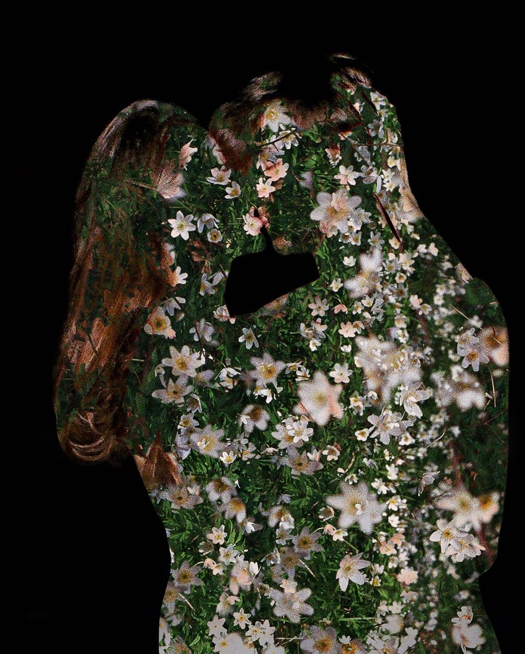 Silhouetted couple kissing overlaid with a dense field of white flowers and green grass against a stark black background in soft lighting.