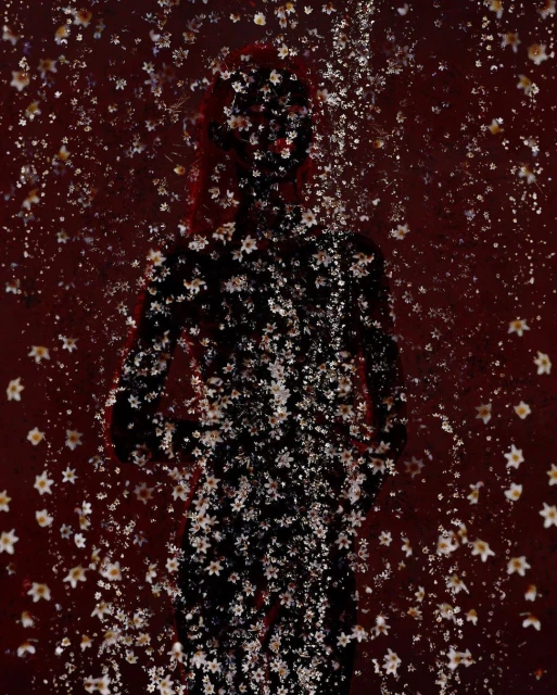 Artistic silhouette of a person obscured by a cascade of white floral patterns against a dark red backdrop, creating a textured effect.
