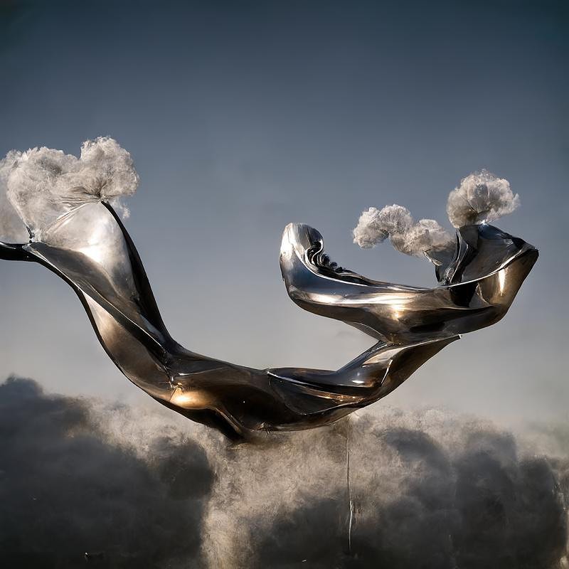 Abstract sculpture of draped metallic fabric floating against a light blue sky, with fluffy cloud-like formations at the edges.