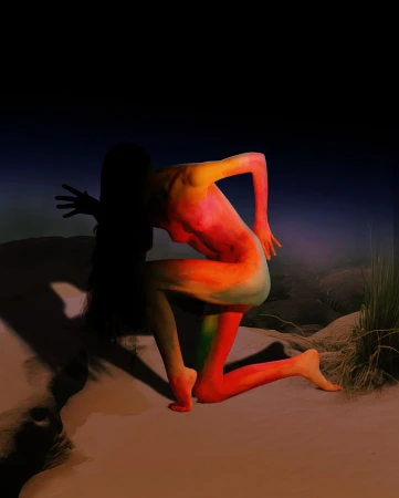 Woman kneeling with body paint in sandy outdoor setting with dark background, shot in portrait orientation with diffused lighting.