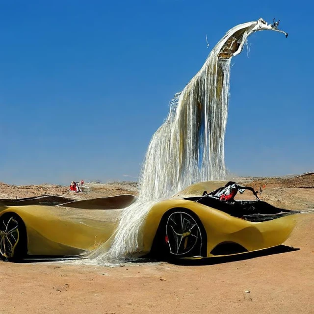 Yellow car sits in a desert landscape with a cascade of silver liquid pouring over it, against a clear blue sky backdrop.