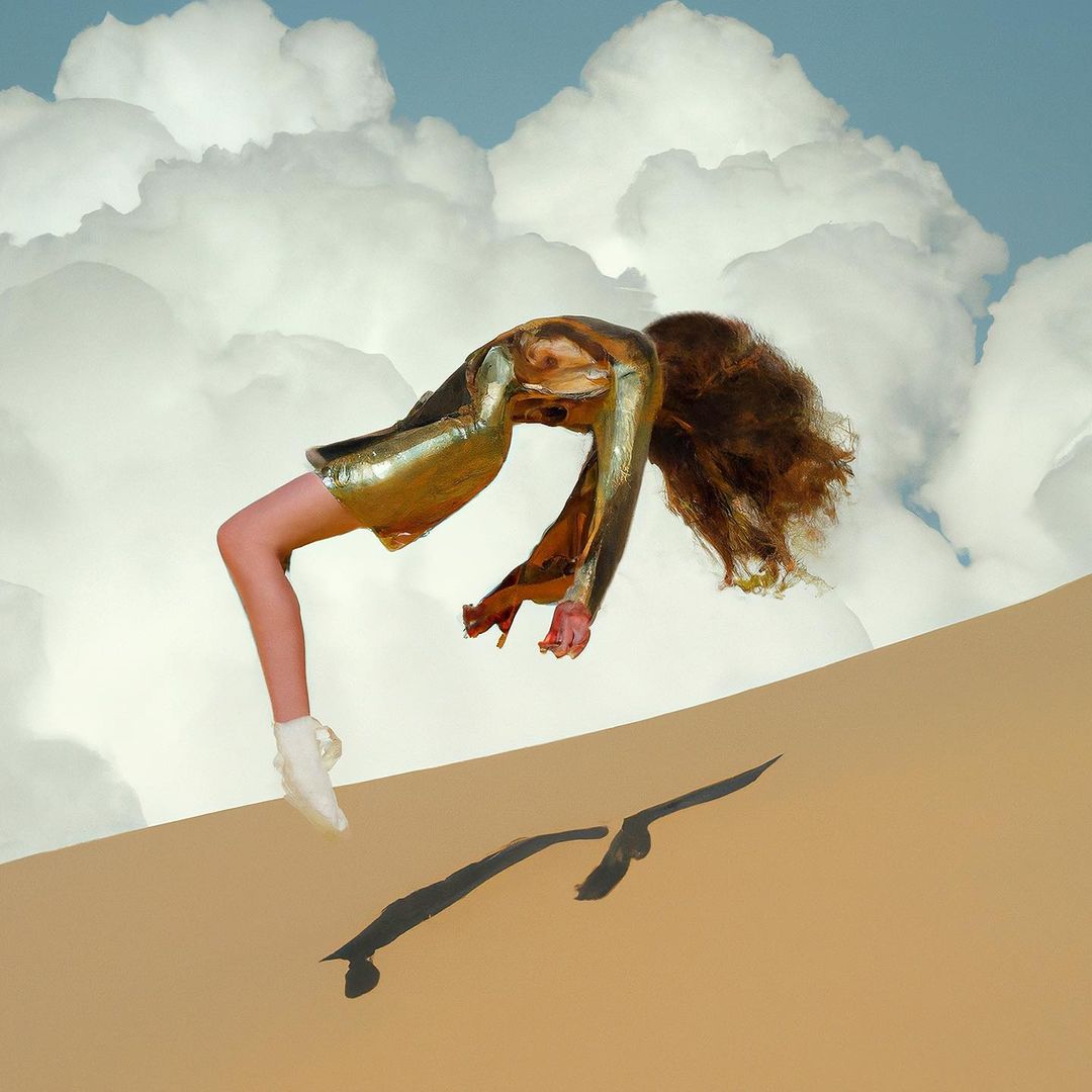 Woman in gold dress arches backward over sand dune with a cloudscape in the background, creating a surreal, dreamy visual.