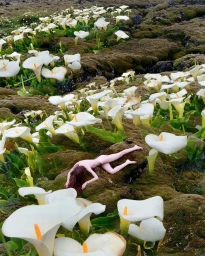 A person lying facedown on mossy ground surrounded by large white calla lily flowers in a high-angle photography composition