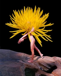 Figure with a giant yellow flower head standing on a rocky ledge against a solid black background, photographed by Synchrodogs.