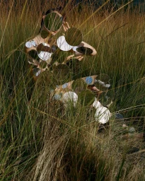 Model covered in circular mirrors sitting among tall green grass, photographed by Synchrodogs