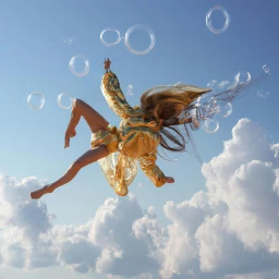 Aerial view of a person falling through a clear blue sky above fluffy white clouds surrounded by floating soap bubbles.