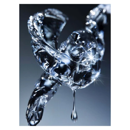 Abstract close-up of clear, twisted ice with a single water droplet. The background is a smooth grey. Highlights gleam on the ice.