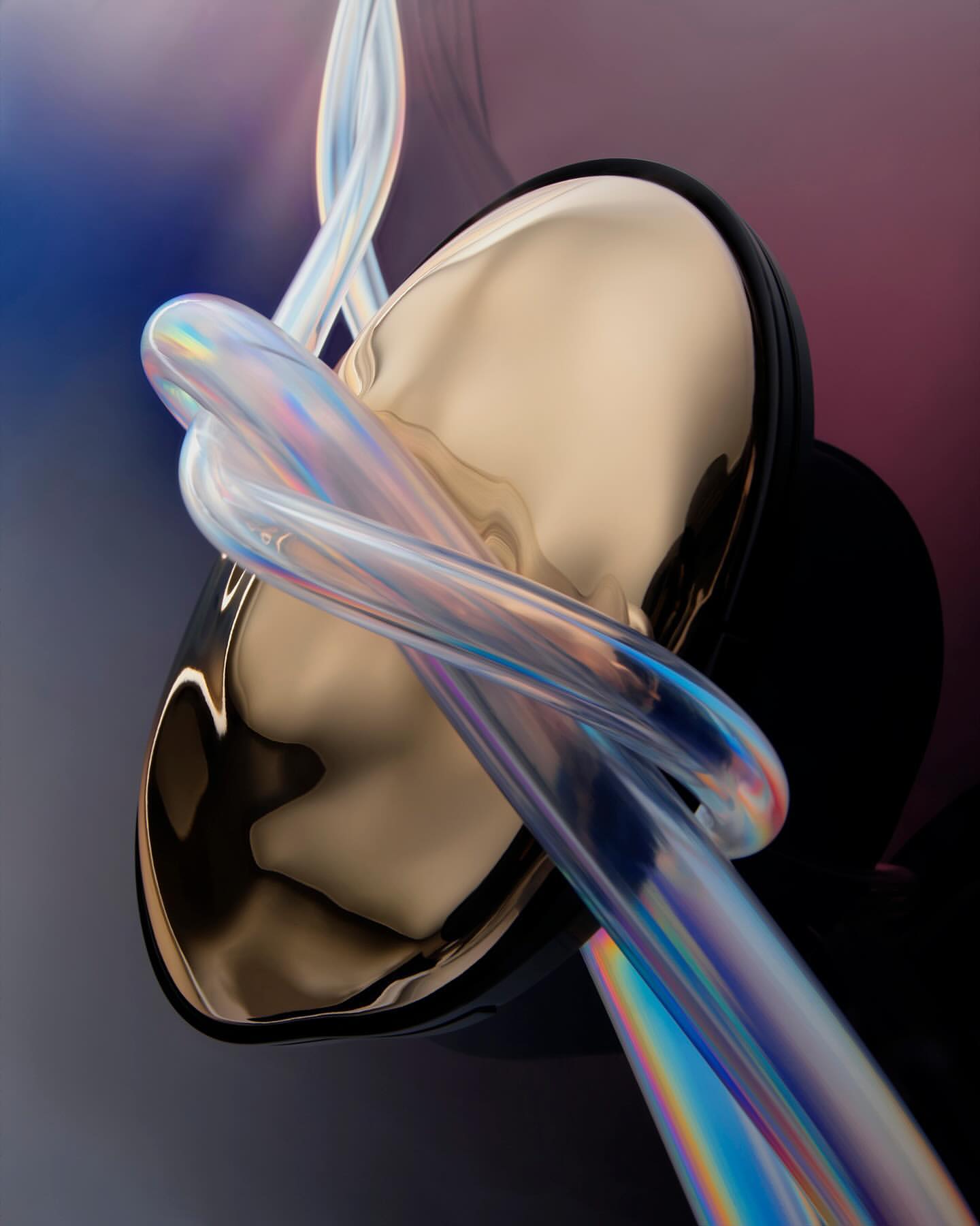 Abstract CGI rendering of metallic orb with iridescent tubing on gradient background. Creative, modern, and visually striking.