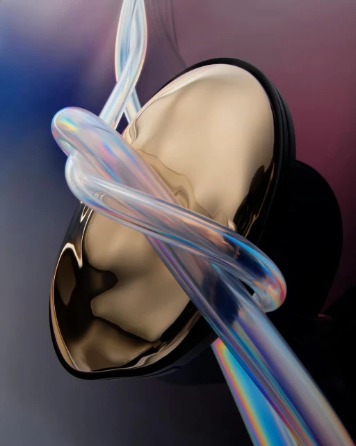 Abstract CGI rendering of metallic orb with iridescent tubing on gradient background. Creative, modern, and visually striking.