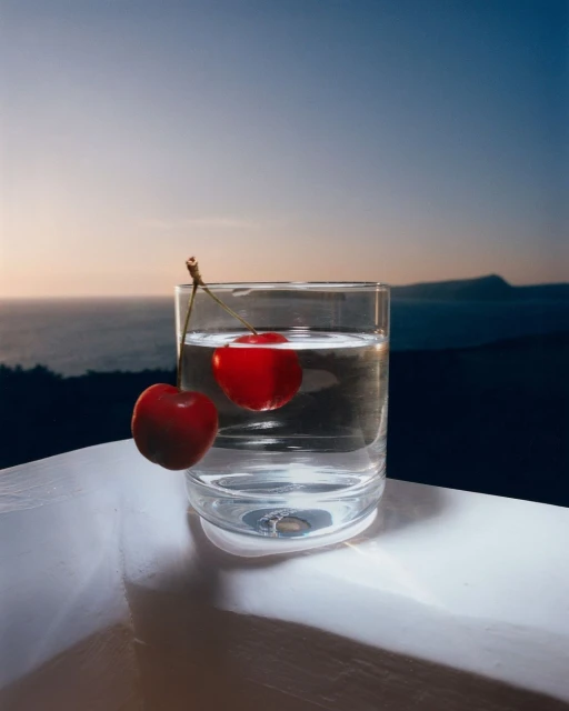 Still life photography of two red cherries, one submerged in clear water in a glass, with a coastal landscape and blue sky backdrop.