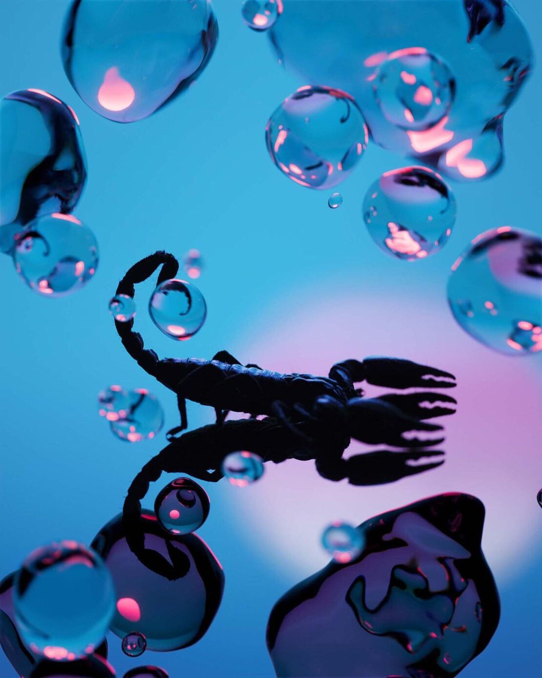 Dark scorpion surrounded by transparent liquid bubbles with pink and turquoise lighting creates an abstract digital rendering.