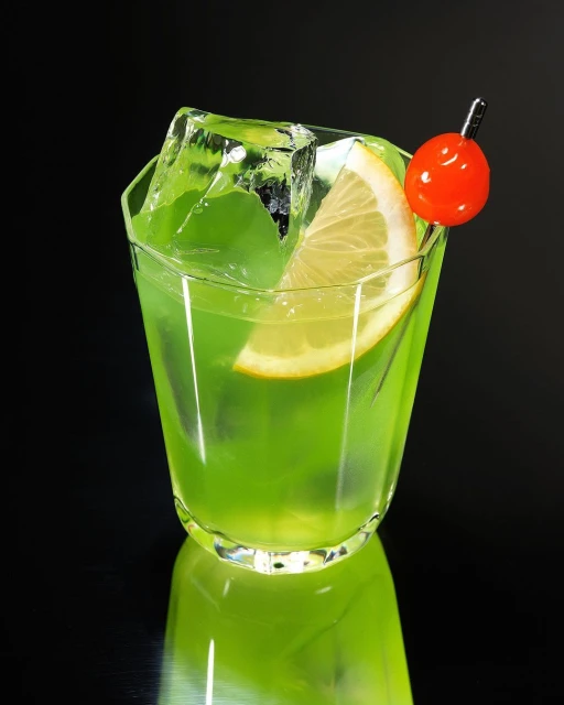 A vibrant green cocktail in a clear glass with ice, a lemon slice, and a cherry garnish, set against a glossy black background.