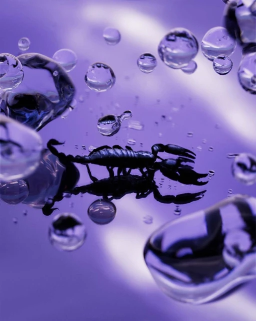 Close-up of a black scorpion and water droplets reflected against a lilac background, creating a striking contrast and abstract effect.