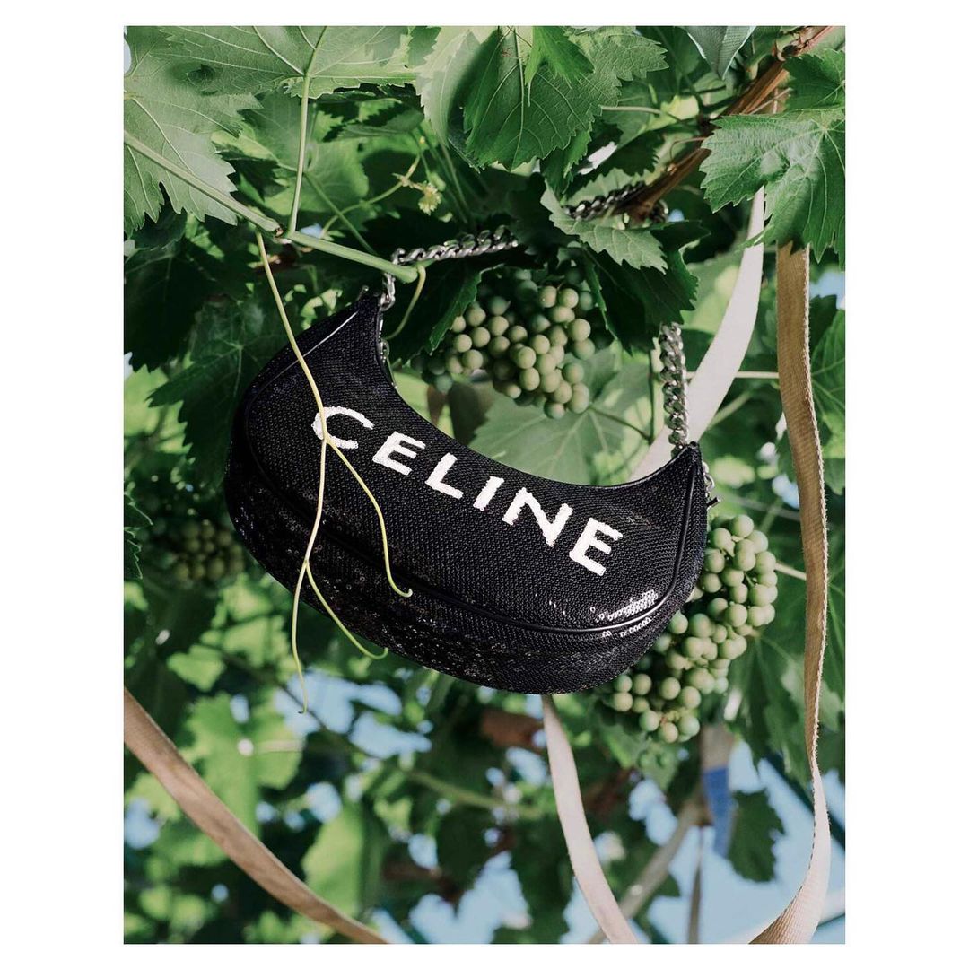 Celine handbag featuring the brand's logo against a background of green grape vines and leaves in an outdoor fashion setting.