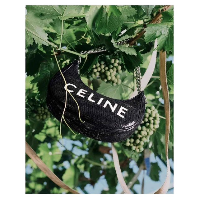 Celine handbag featuring the brand's logo against a background of green grape vines and leaves in an outdoor fashion setting.