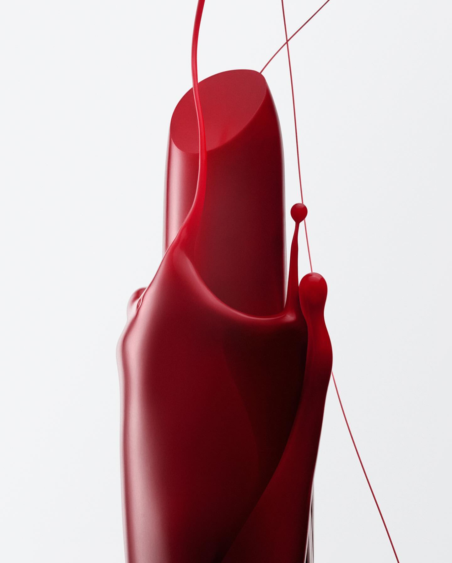 Close-up of red lipstick with dripping red liquid, showcasing beauty and cosmetics in a clean, vibrant product shot against a white background.