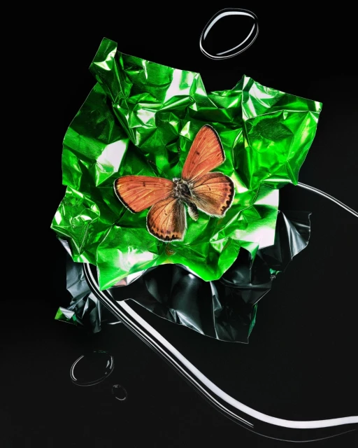 Monarch butterfly rests on crumpled green foil, with clear tubes and droplets scattered against a stark black backdrop in a studio shot.