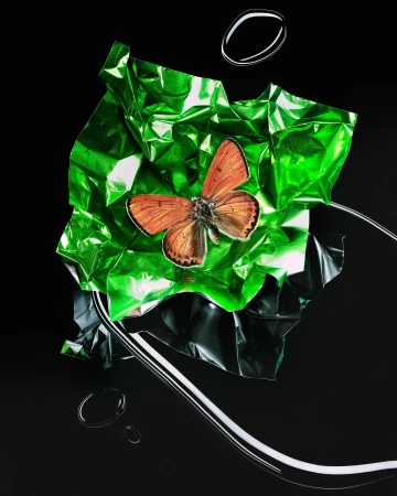 Monarch butterfly rests on crumpled green foil, with clear tubes and droplets scattered against a stark black backdrop in a studio shot.