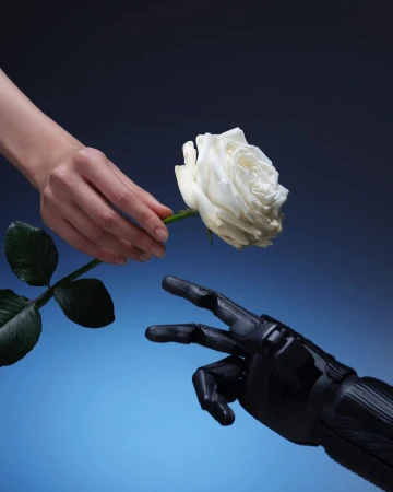 A human hand offers a white rose to a robotic hand against a gradient blue background in a studio setting, capturing a modern aesthetic.