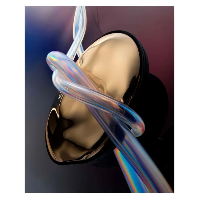 Abstract 3D render of an iridescent tubing tied in a knot around a reflective, golden orb against a dark gradient background.