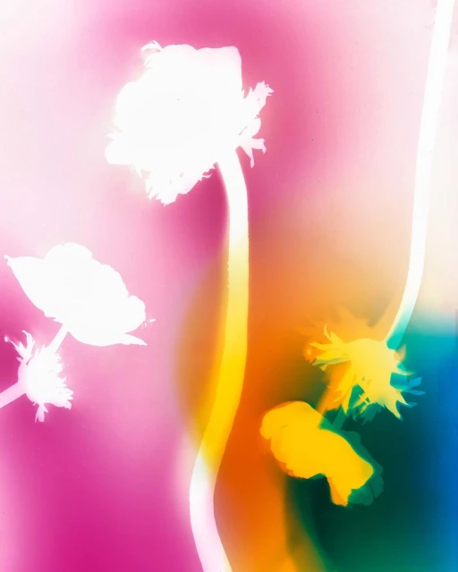Stylized floral photo with white flower silhouettes on long stems over a soft pink, yellow, and blue gradient background in studio lighting.