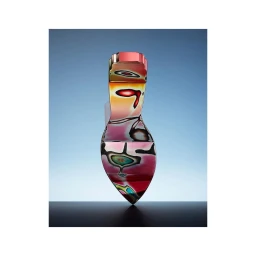 Close-up product shot of a high-heeled shoe sole featuring a vibrant, multi-coloured abstract pattern against a blue gradient background.