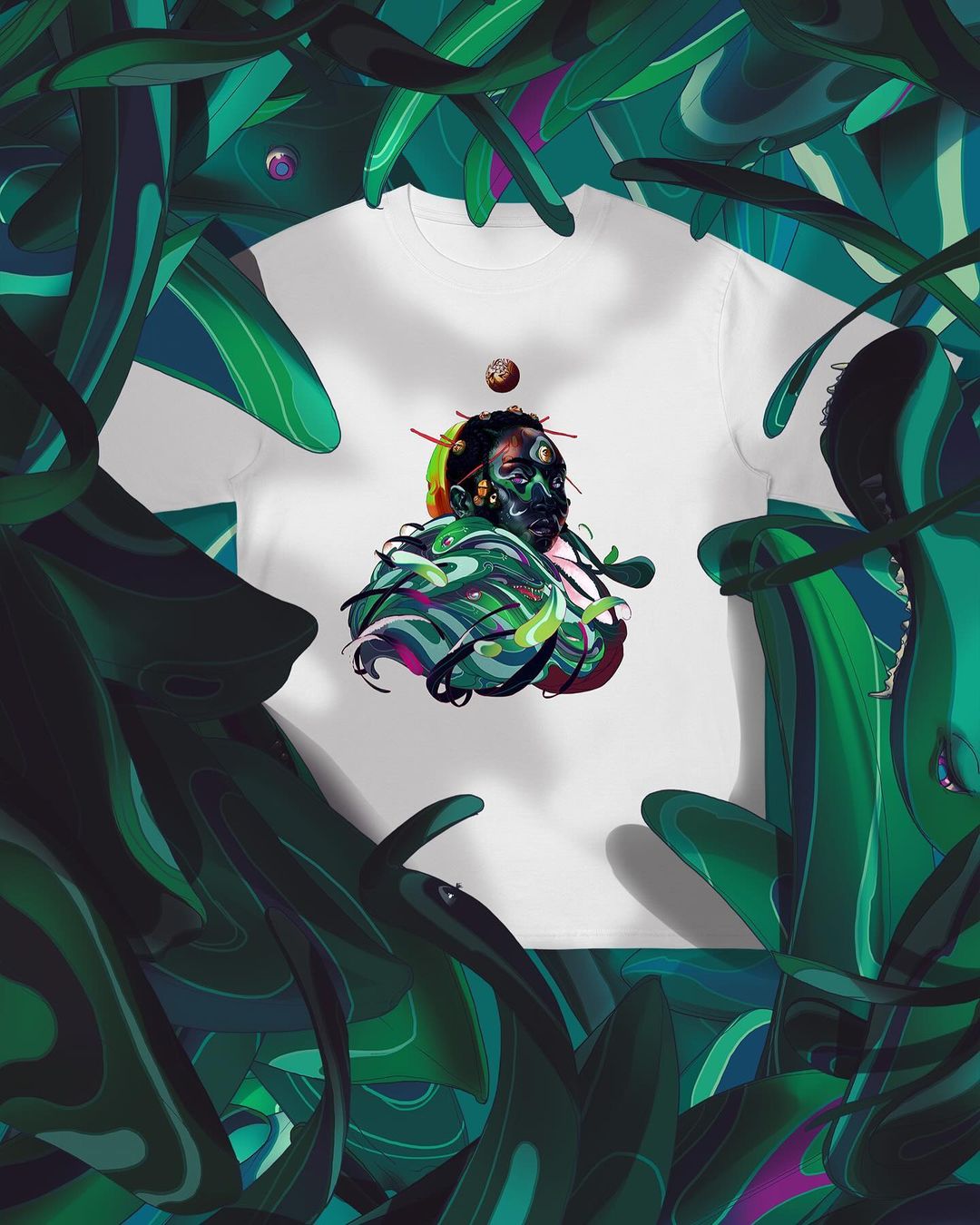 White t-shirt features a digital portrait of a person with an elaborate hairstyle and abstract swirls, framed by green plant designs.