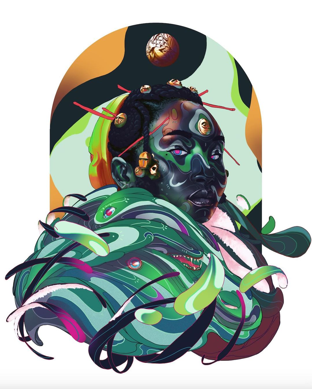 Stylized portrait illustration of a Black person with decorative metal pieces and elaborate flowing designs in shades of green and black.