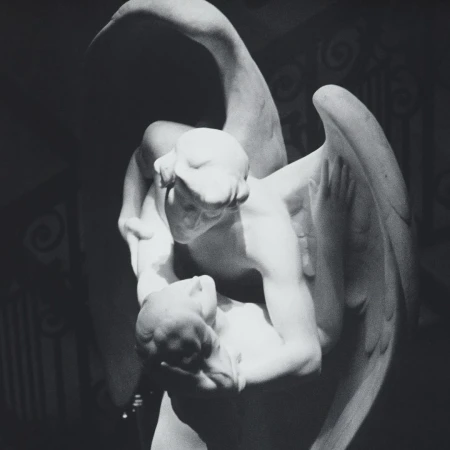 Monochrome photo of a marble sculpture depicting a winged angel holding a figure, set against a patterned background and soft lighting.