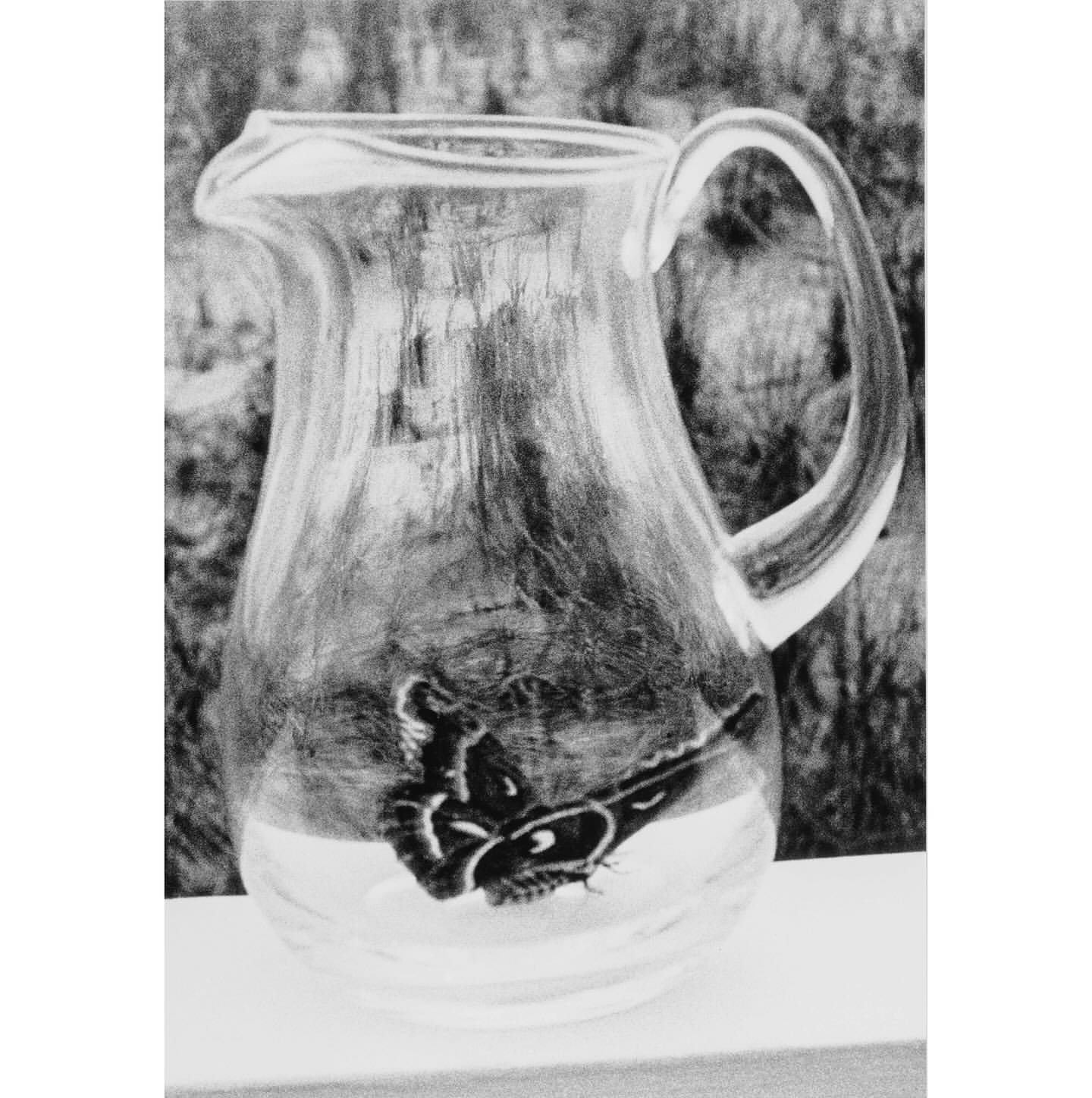 Black and white image of a glass pitcher on a white surface, showcasing a butterfly design inside, set against an out-of-focus background.