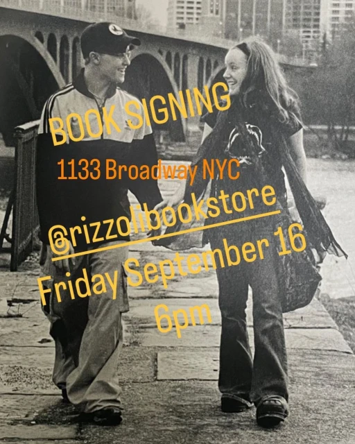 Monochrome photo of a man and woman walking and smiling in an urban setting, with overlaid text promoting a book signing event.
