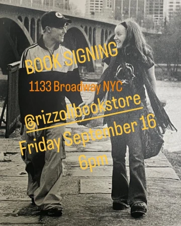 Monochrome photo of a man and woman walking and smiling in an urban setting, with overlaid text promoting a book signing event.