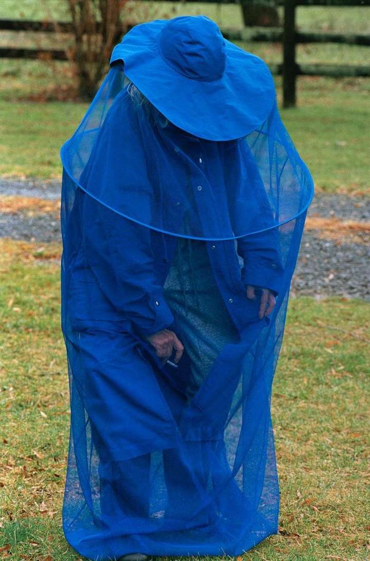 Person in a large blue hat and veil stands outdoors. The individual is clad in blue, with a sheer veil covering them from head to toe.