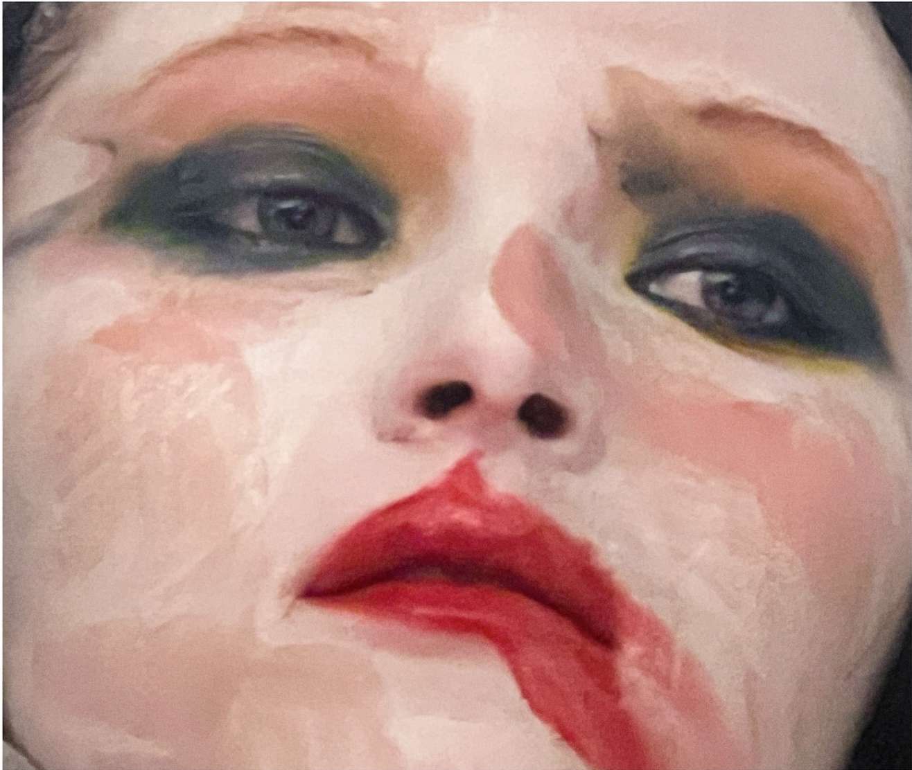 Close-up artistic portrait of a person with bold makeup and red lipstick, painted in the style of an expressive art illustration.