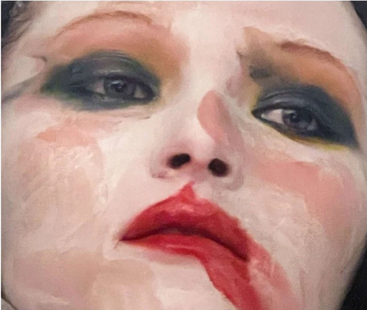 Close-up artistic portrait of a person with bold makeup and red lipstick, painted in the style of an expressive art illustration.