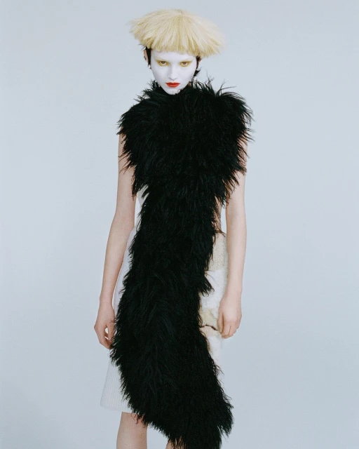 Fashion model with white face paint and unusual blonde wig wears a black feathered shawl, striking a pose against a neutral background.