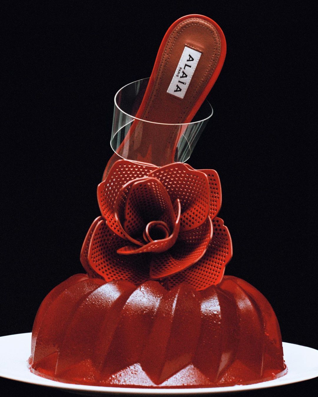Fashion still life featuring a red Alaïa shoe with a clear strap, arranged on a red jelly dessert against a dark background.