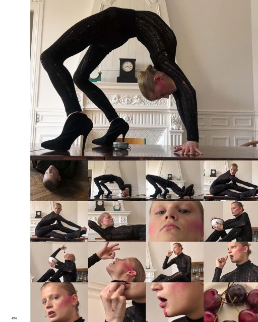 Image of a person in a black sequin bodysuit performing a bridge on a table, with various close-up shots of their face and body.