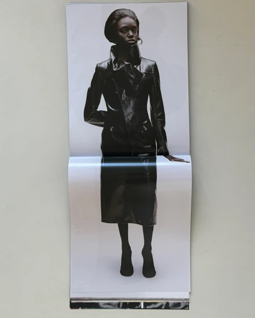 A print photograph shows a dark-skinned woman wearing a black leather jacket and skirt against a grey backdrop in a studio setting.