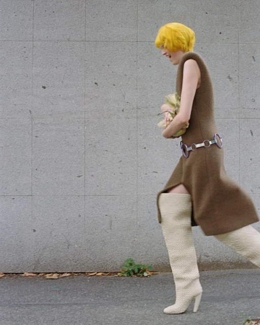 Woman with yellow hair in a brown dress and white boots walking on a sidewalk with a gray wall in the background carrying flowers.