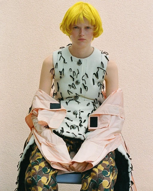 A pale-skinned person with yellow hair sits in a sleeveless top with black adornments and patterned pants, looking straight ahead. 