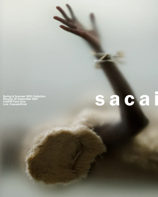 Fashion visual for Sacai's Spring & Summer 2025 Collection features a model's hand and fur garment, soft textures, and diffused light.