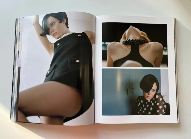 Open magazine spread featuring three fashion portrait photographs of a woman in retro styling.