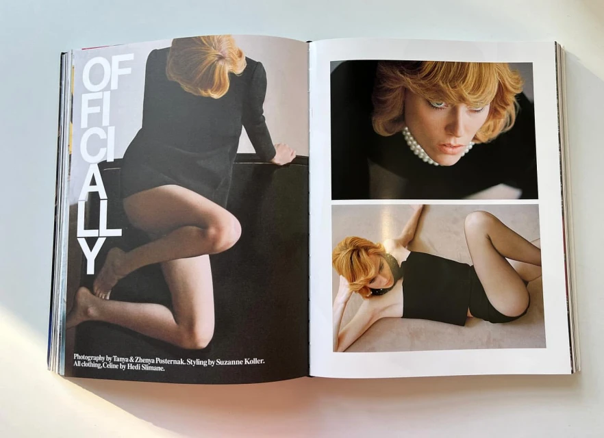 Fashion editorial spread in magazine features a redhead adult woman posing in dark clothing against a neutral backdrop in different photographs.