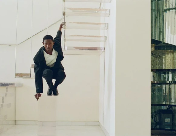 A man in a black jacket and white shirt crouching and holding onto a glass staircase, photographed by Tanya+Zhenya Posternak.