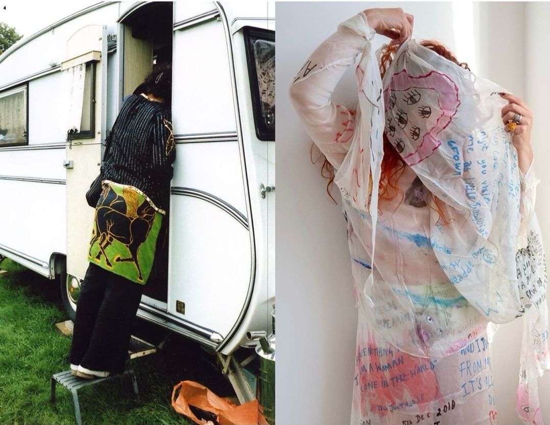 A person stands on a metal step stool entering a white camper, and another figure stands in front of a wall wearing a white, drawn-on dress.