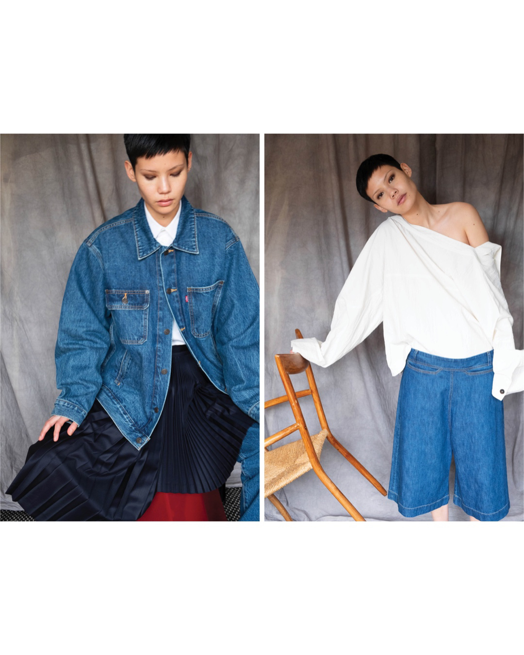 Two women in split frame fashion editorial. One wears denim jacket with pleated skirt, the other wears a white shirt with denim shorts.