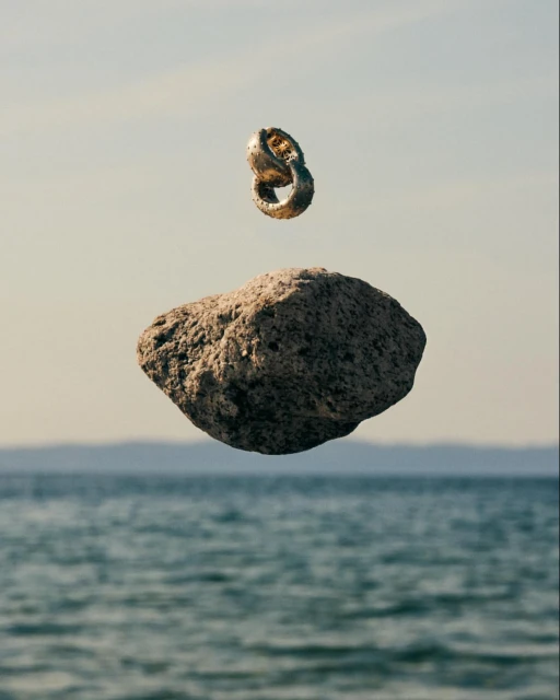 Art photograph of a gold ring hovering above a large rock, with a light blue sky and rippling water in the background.