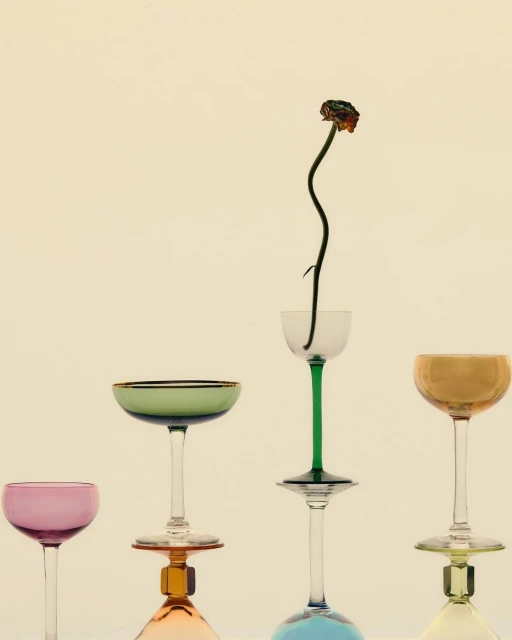 Still life with colorful vintage coupe glasses stacked in a staggered row, one holding a single withered flower, cream background, studio lighting.